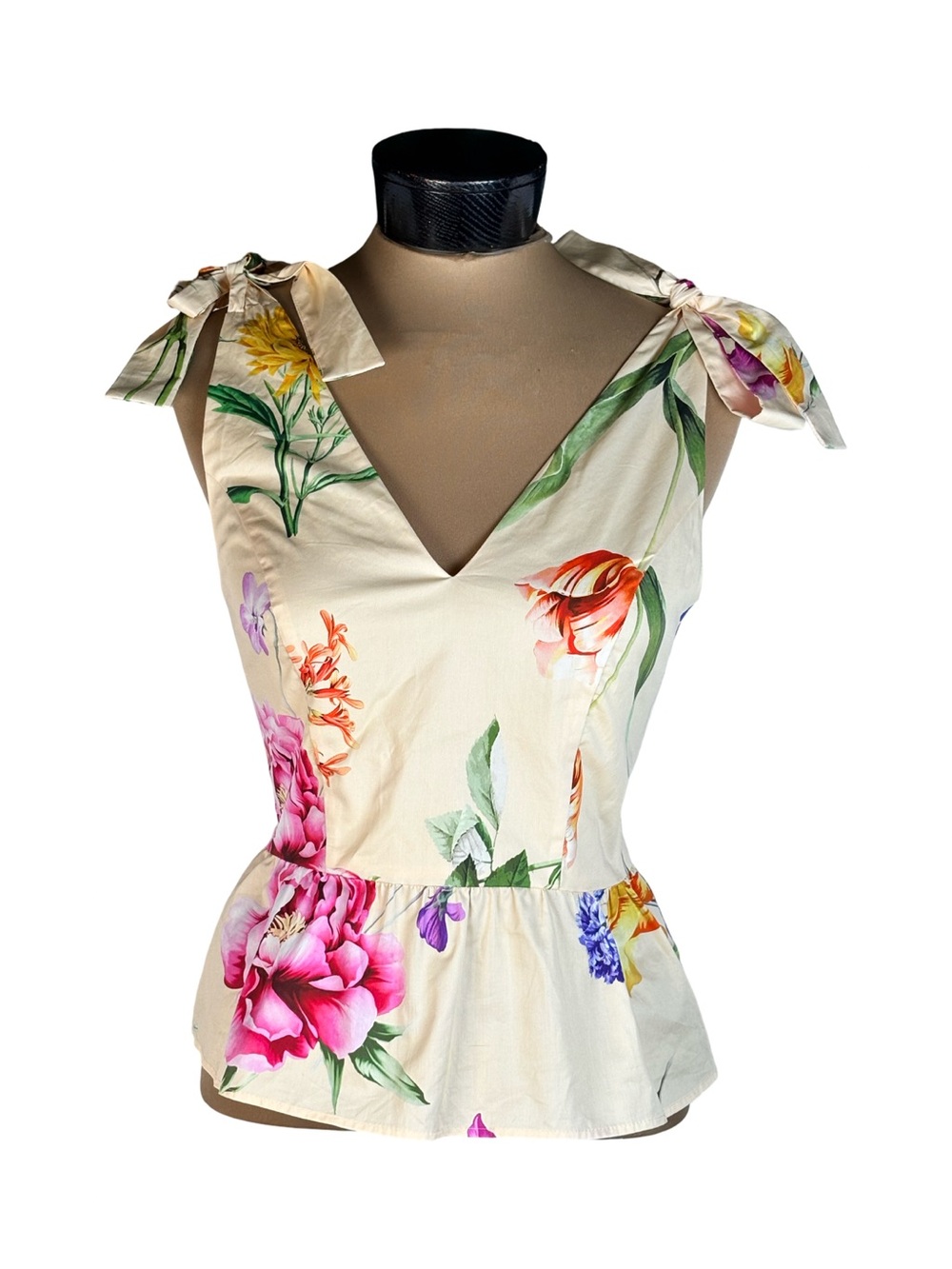 Express Womens Yellow Floral Tie Shoulder Peplum Top Size XS NWT